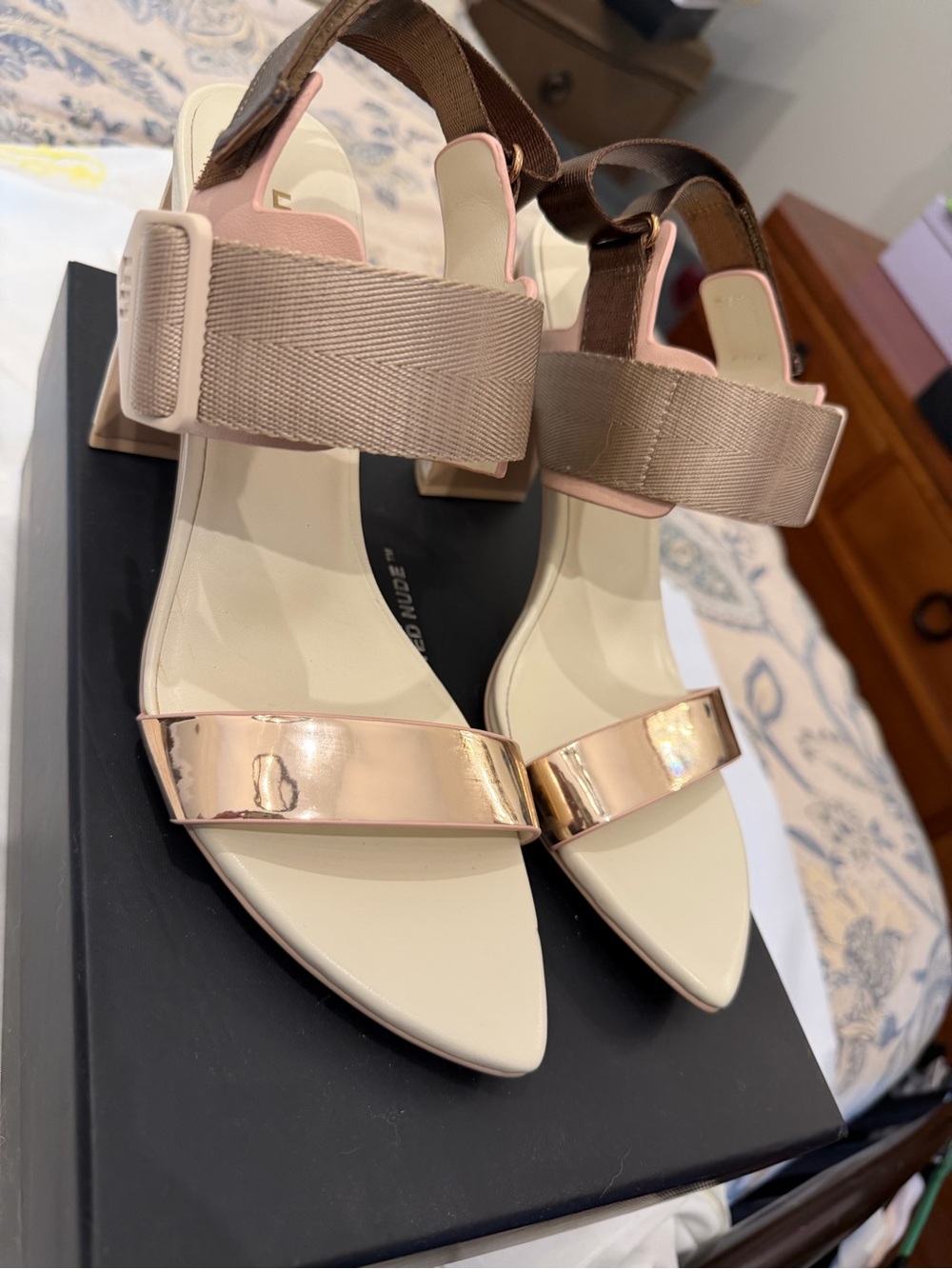 United Nude Rose Gold and Beige Block Heel Sandals BNIB